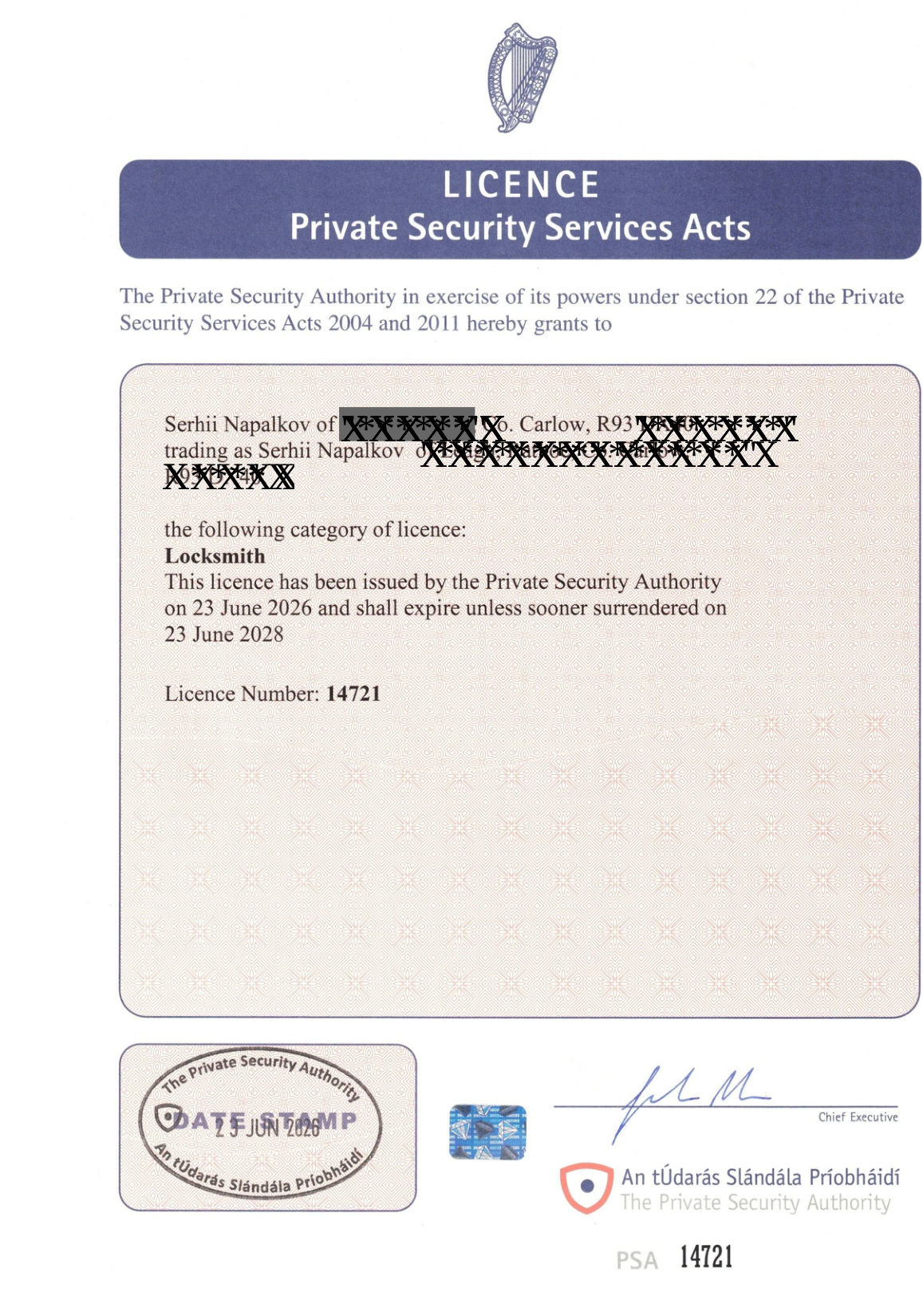 PSA Locksmith Licence