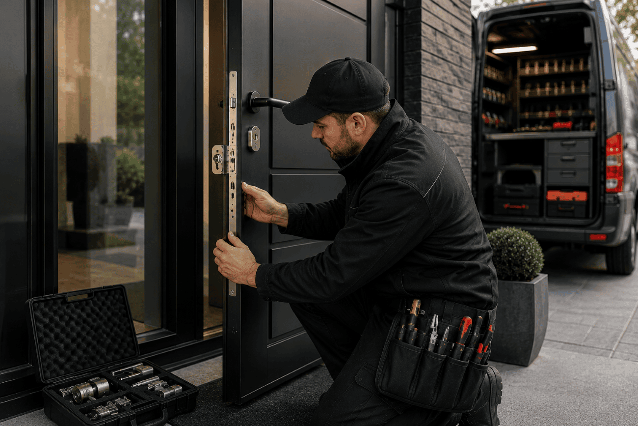 Professional locksmith replacing a damaged door lock