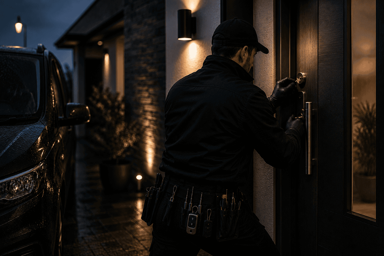 Locksmith assessing a damaged key and lock problem