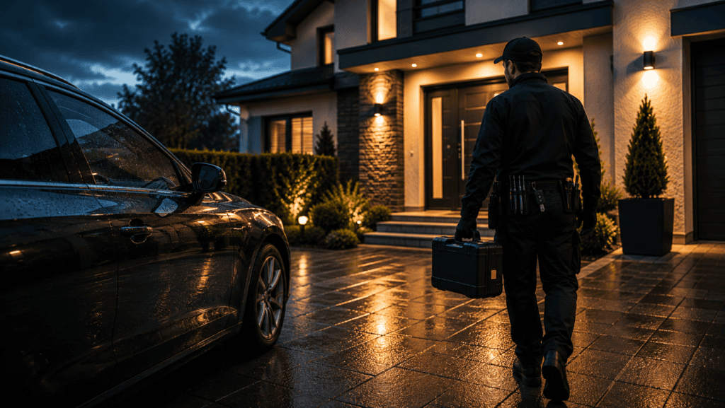 Emergency locksmith arriving with professional tools and van