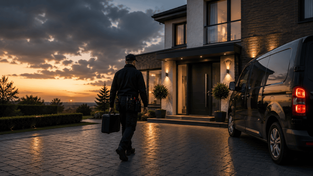Emergency locksmith arriving at a home with professional tools