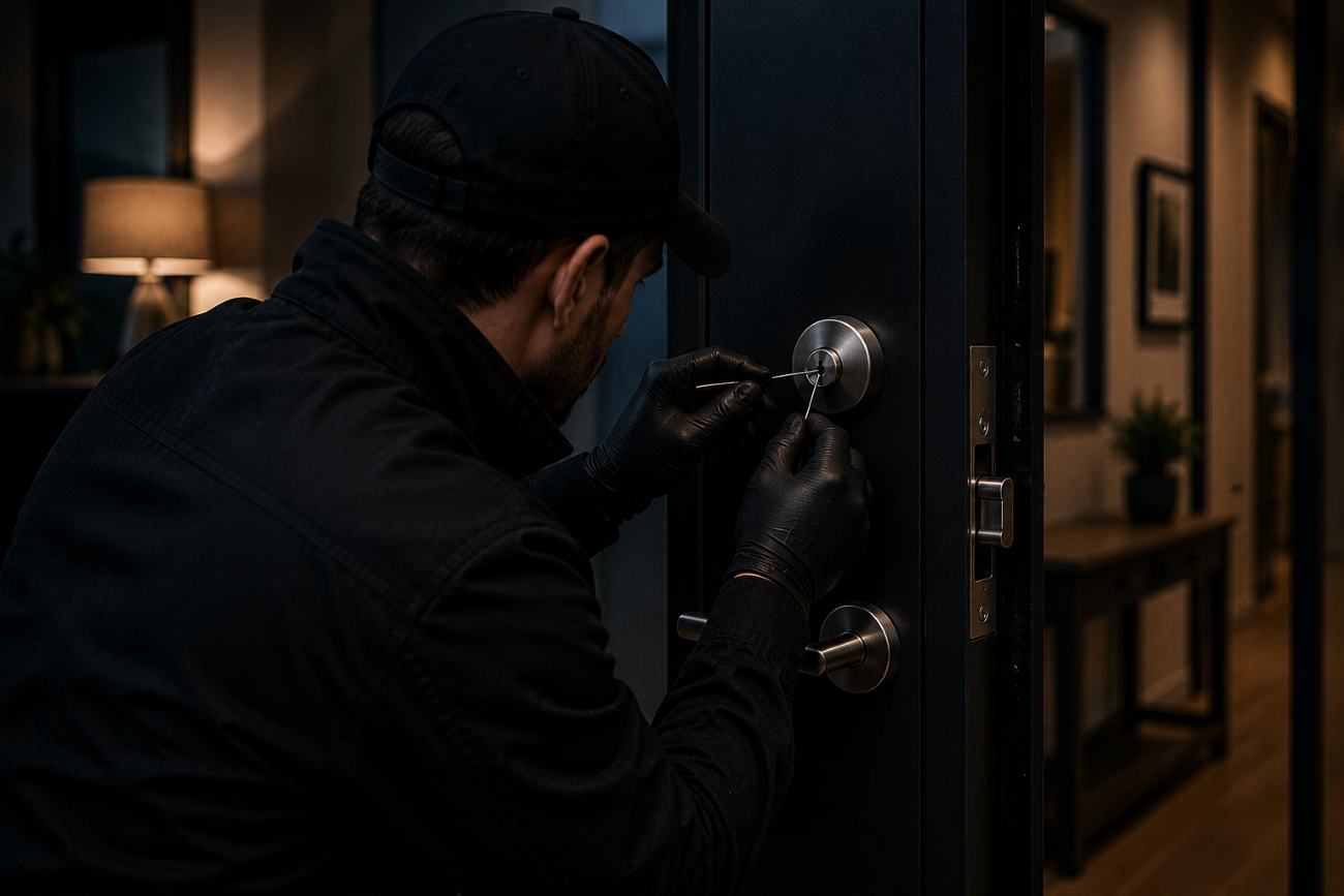Professional locksmith examining a damaged lock